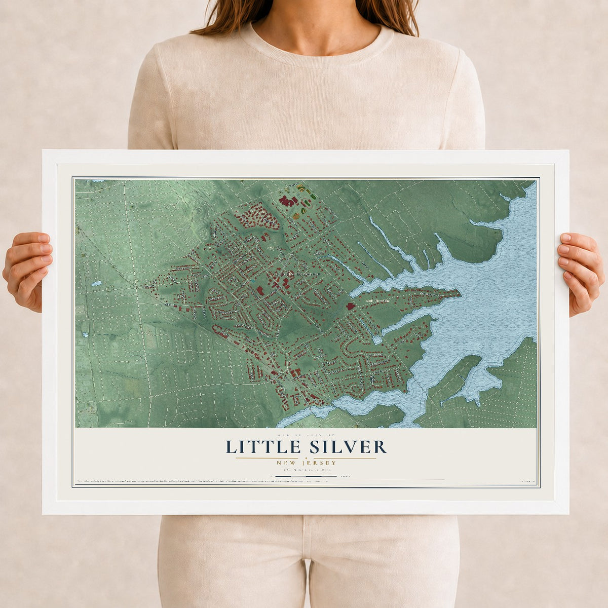 Little Silver, New Jersey map print, 12" x 18" W/ White Ayous Wood Frame mockup