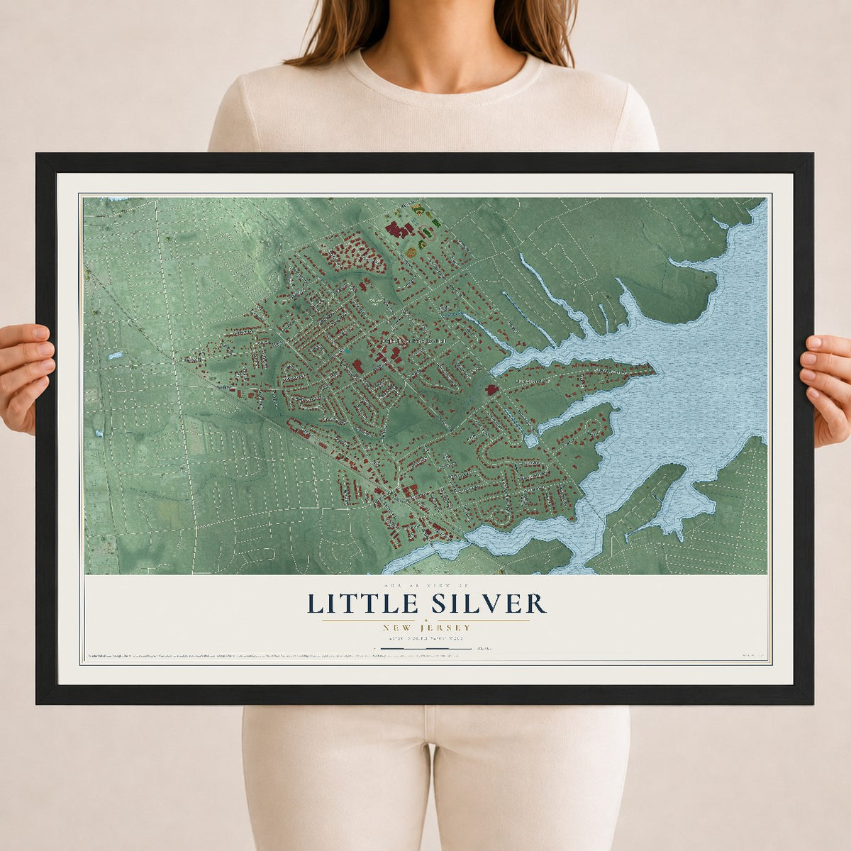 Little Silver, New Jersey map print, 18" x 24" W/ Black Ayous Wood Frame mockup