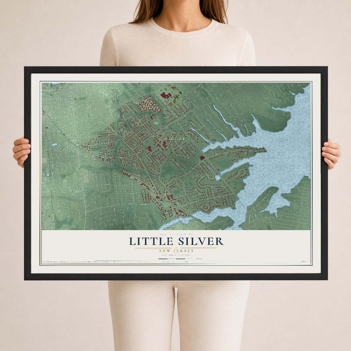 Little Silver, New Jersey map print, 24" x 36" W/ Black Ayous Wood Frame mockup