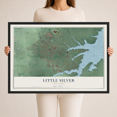 Little Silver, New Jersey map print, 24" x 36" W/ Black Ayous Wood Frame mockup