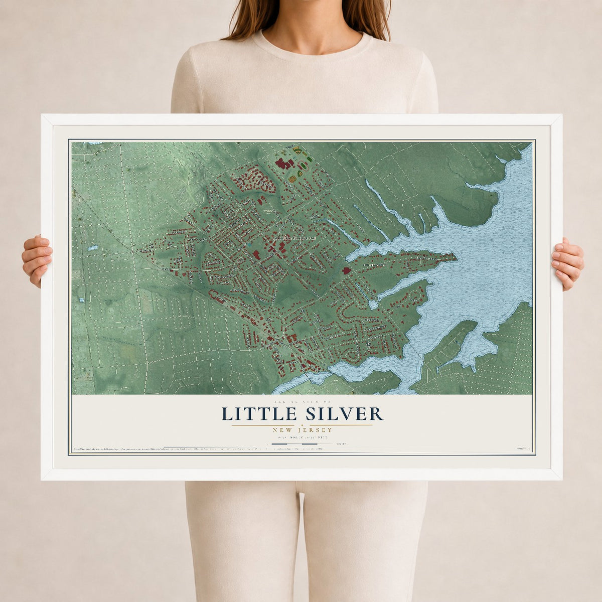 Little Silver, New Jersey map print, 24" x 36" W/ White Ayous Wood Frame mockup