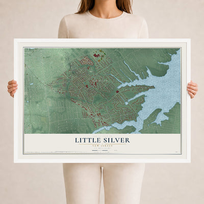 Little Silver, New Jersey map print, 24" x 36" W/ White Ayous Wood Frame mockup