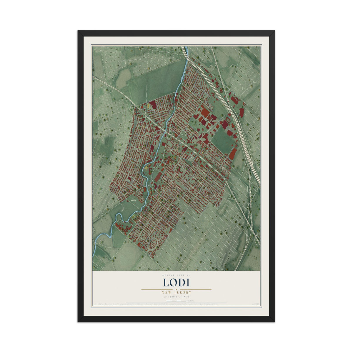 Lodi, New Jersey map print, 12" x 18" W/ Black Ayous Wood Frame mockup