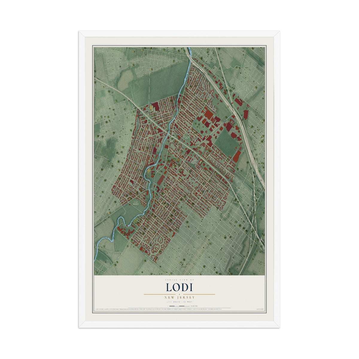 Lodi, New Jersey map print, 12" x 18" W/ White Ayous Wood Frame mockup