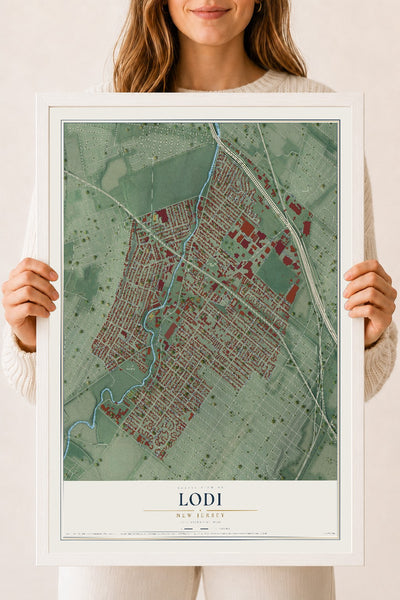 Lodi, New Jersey map print, 18" x 24" W/ White Ayous Wood Frame mockup