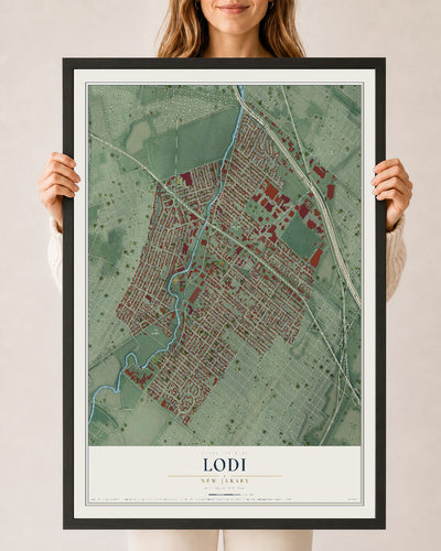 Lodi, New Jersey map print, 24" x 36" W/ Black Ayous Wood Frame mockup
