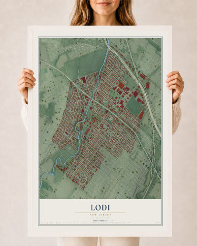 Lodi, New Jersey map print, 24" x 36" W/ White Ayous Wood Frame mockup