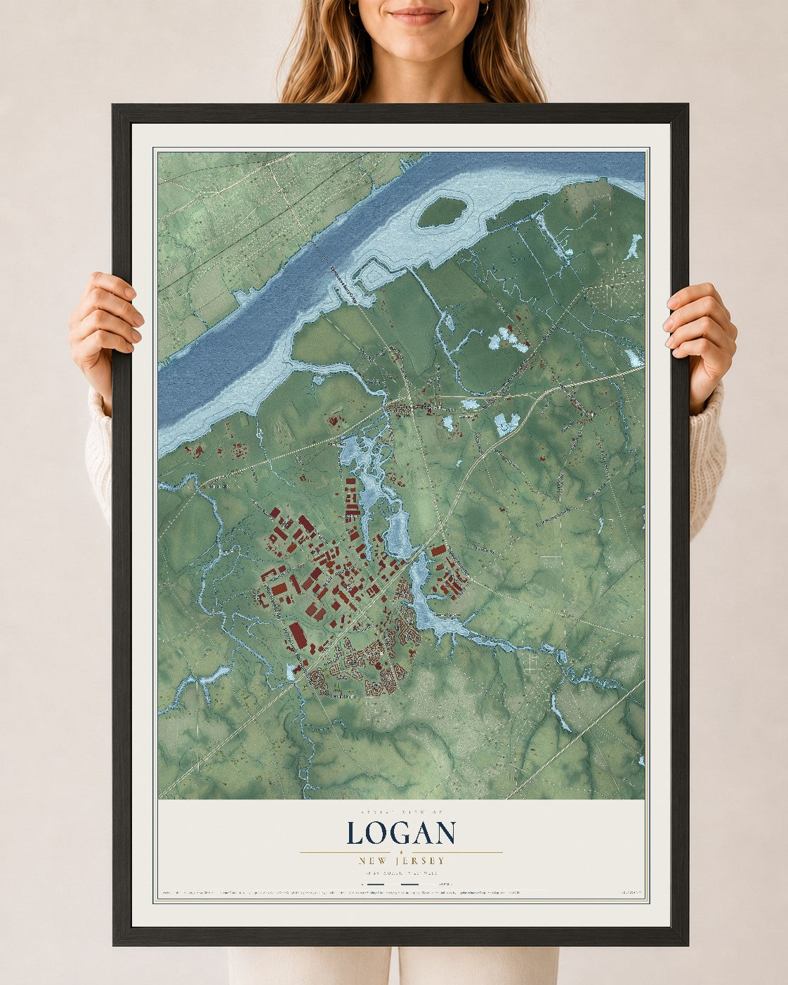 Logan, New Jersey map print, 24" x 36" W/ Black Ayous Wood Frame mockup