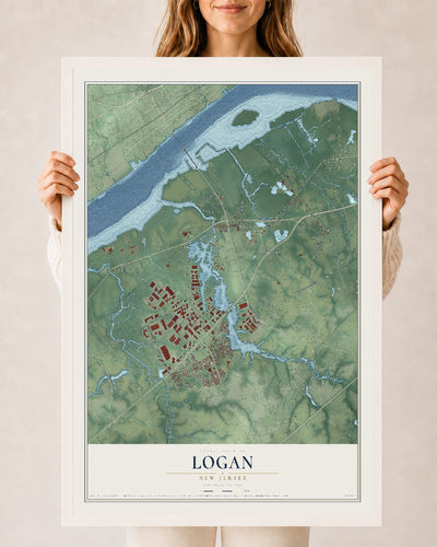 Logan, New Jersey map print, 24" x 36" W/ White Ayous Wood Frame mockup