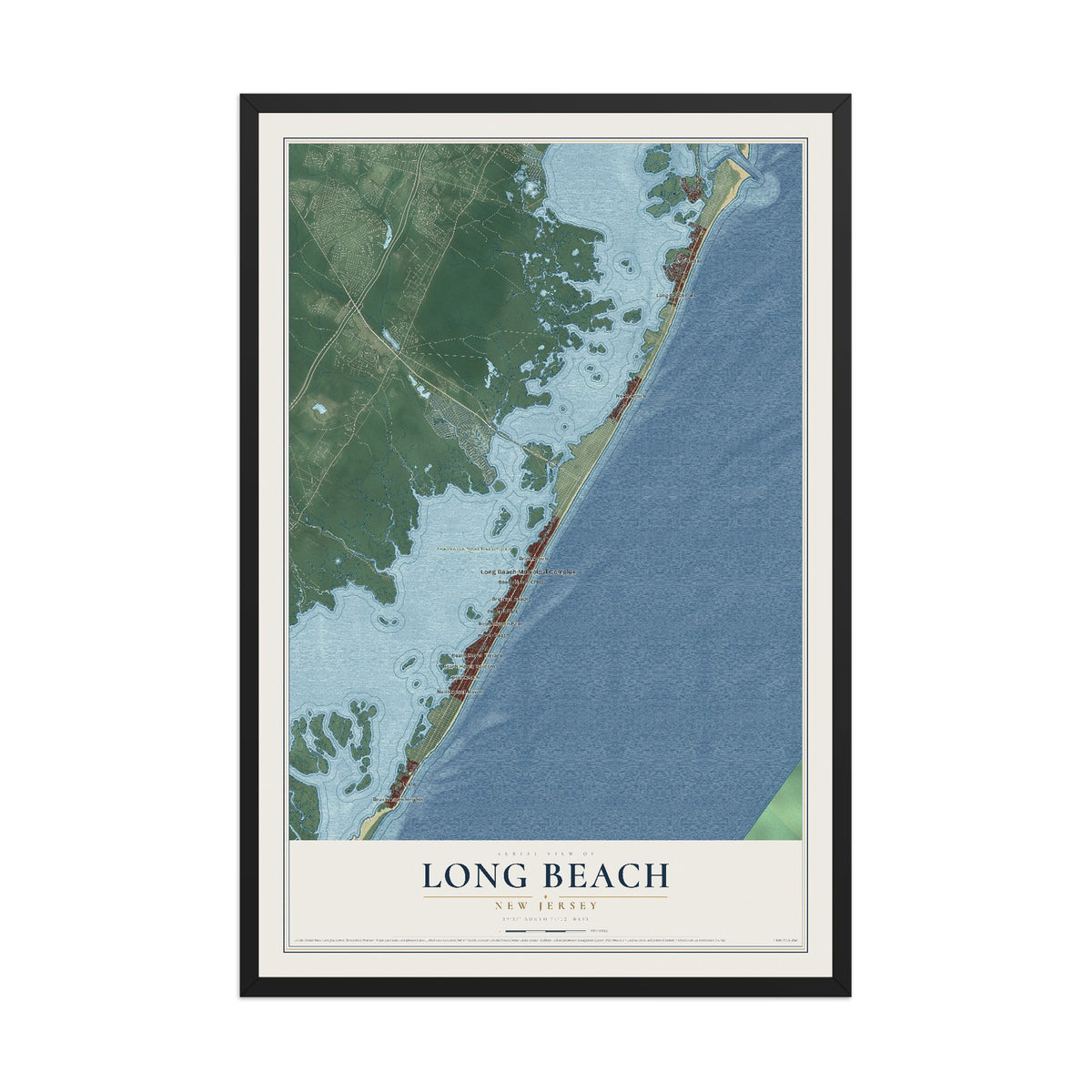 Long Beach, New Jersey map print, 12" x 18" W/ Black Ayous Wood Frame mockup
