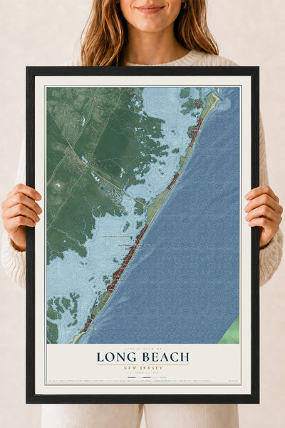 Long Beach, New Jersey map print, 18" x 24" W/ Black Ayous Wood Frame mockup