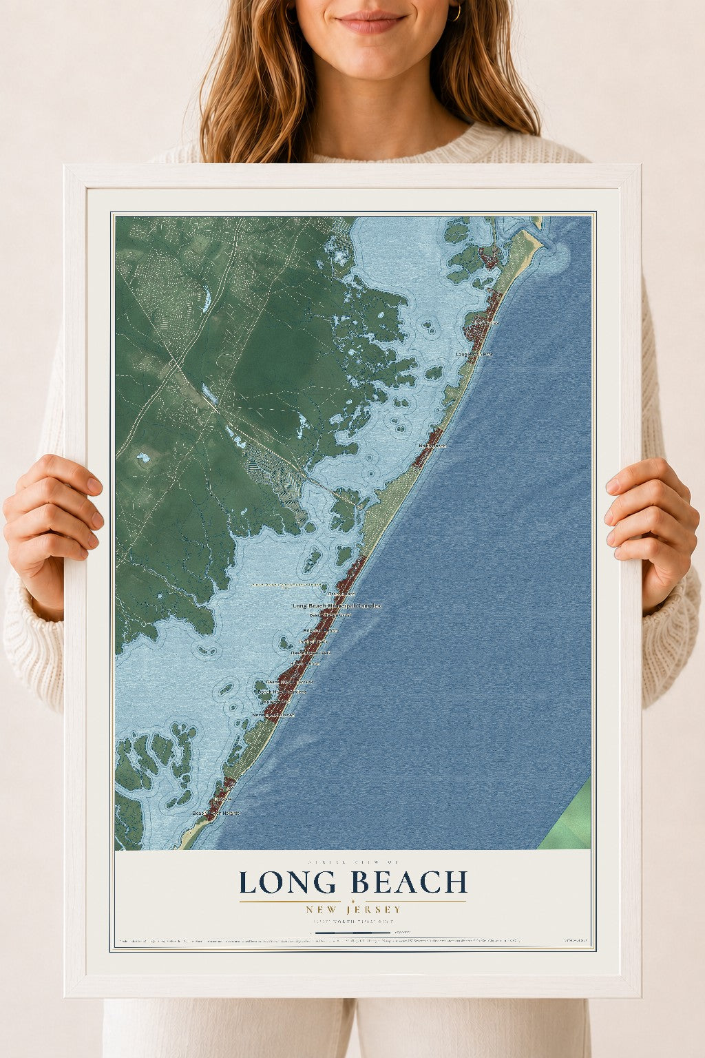 Long Beach, New Jersey map print, 18" x 24" W/ White Ayous Wood Frame mockup