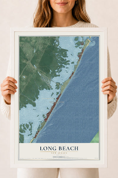 Long Beach, New Jersey map print, 18" x 24" W/ White Ayous Wood Frame mockup