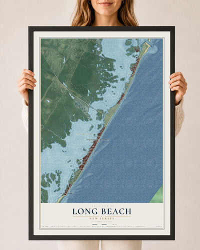 Long Beach, New Jersey map print, 24" x 36" W/ Black Ayous Wood Frame mockup