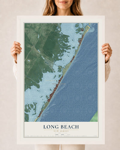 Long Beach, New Jersey map print, 24" x 36" W/ White Ayous Wood Frame mockup