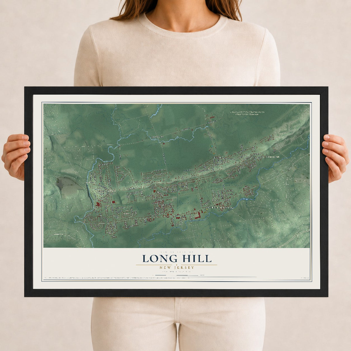 Long Hill, New Jersey map print, 12" x 18" W/ Black Ayous Wood Frame mockup