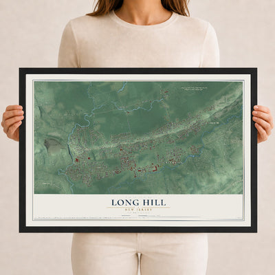 Long Hill, New Jersey map print, 12" x 18" W/ Black Ayous Wood Frame mockup