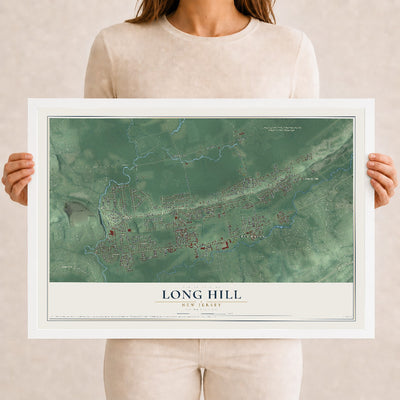 Long Hill, New Jersey map print, 12" x 18" W/ White Ayous Wood Frame mockup