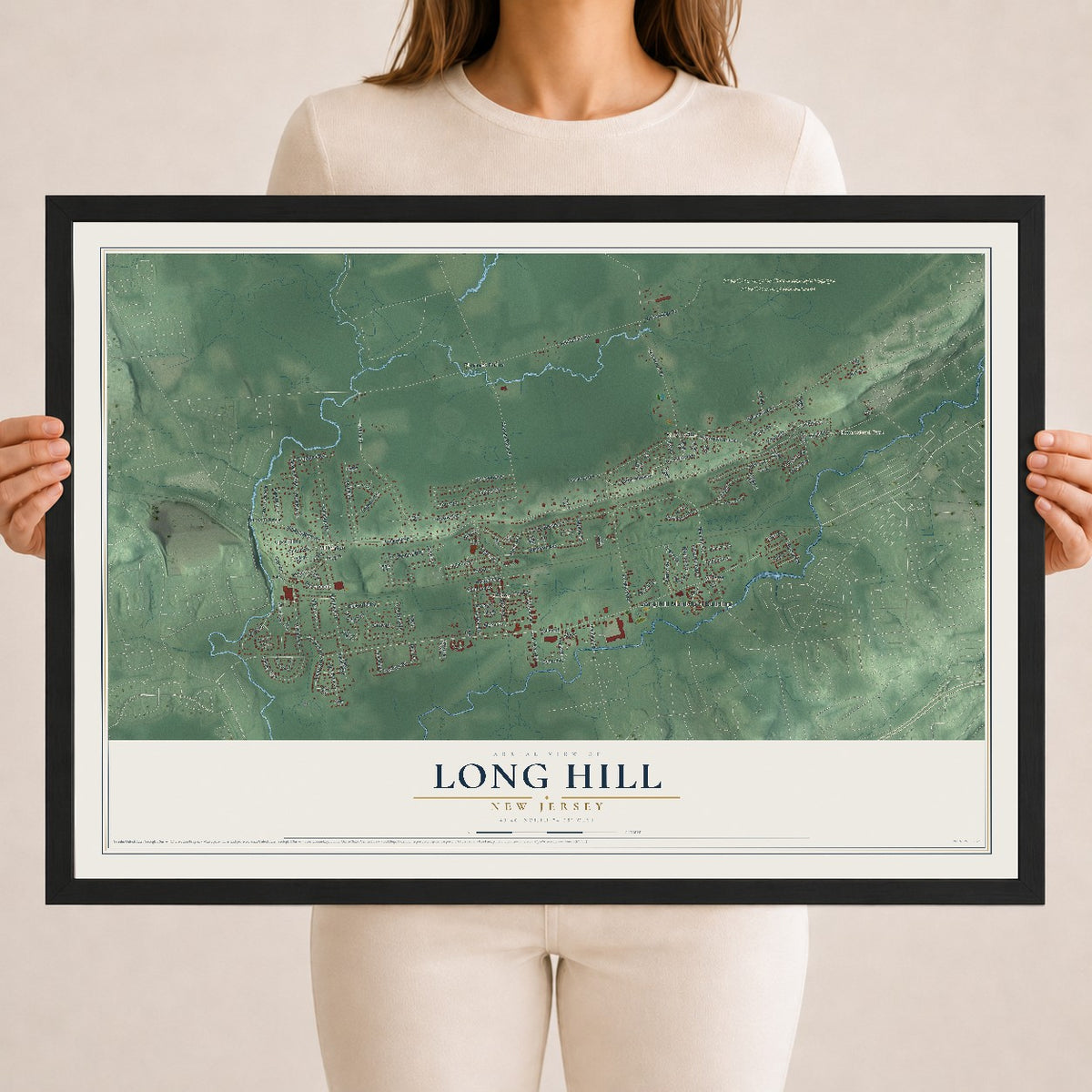Long Hill, New Jersey map print, 18" x 24" W/ Black Ayous Wood Frame mockup