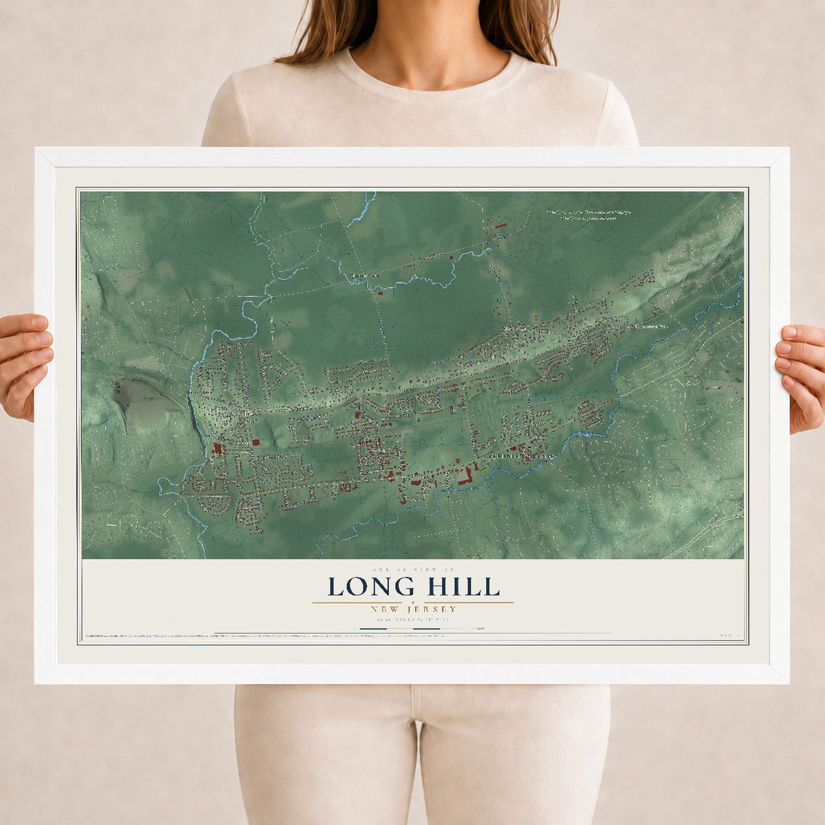 Long Hill, New Jersey map print, 18" x 24" W/ White Ayous Wood Frame mockup