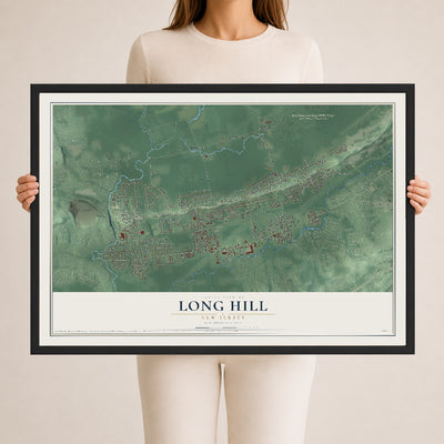 Long Hill, New Jersey map print, 24" x 36" W/ Black Ayous Wood Frame mockup