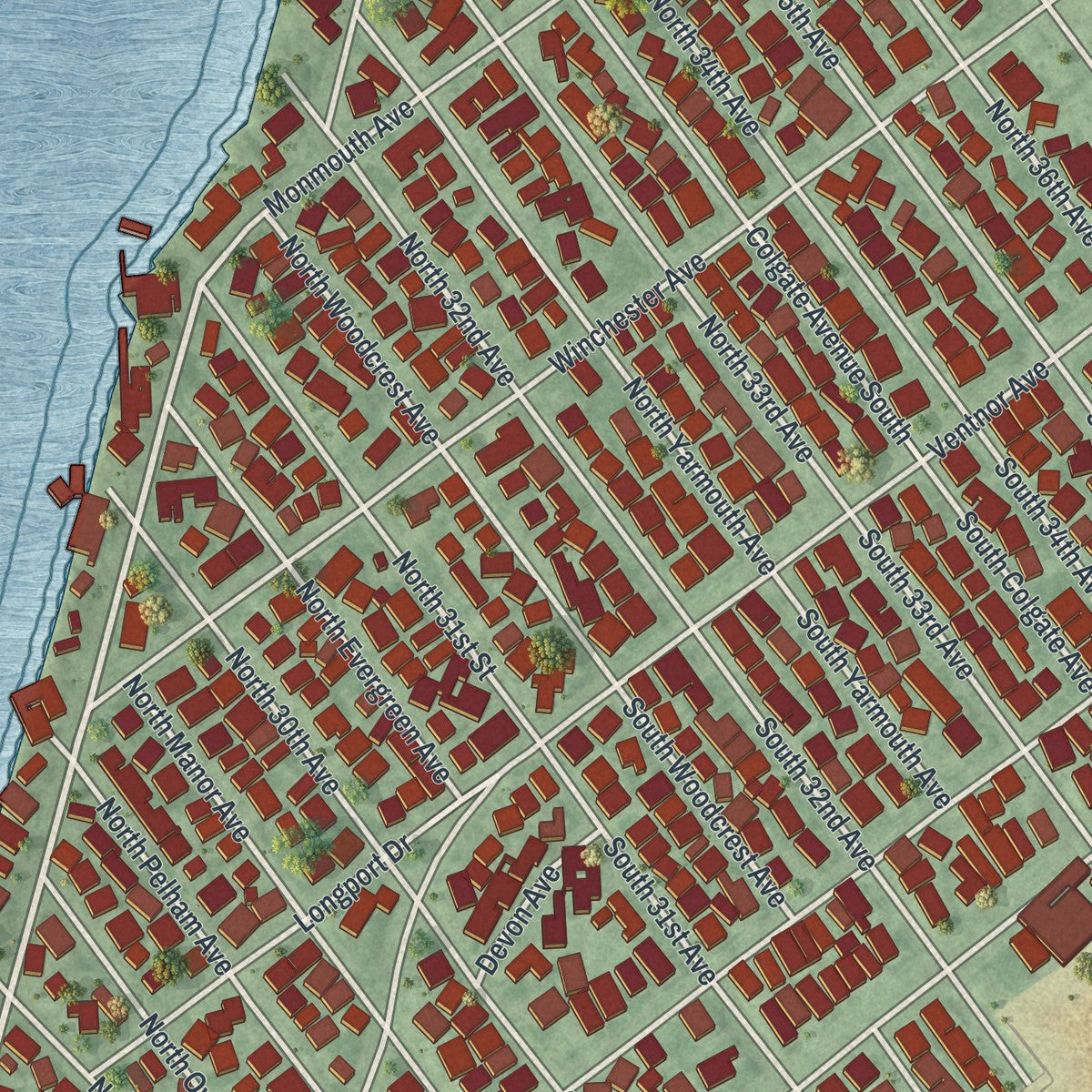 Close-up 1 of the Longport, New Jersey map artwork