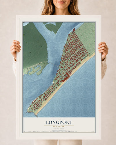 Longport, New Jersey map print, 24" x 36" W/ White Ayous Wood Frame mockup