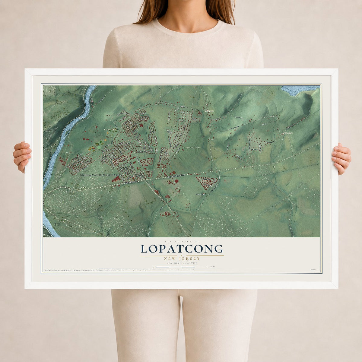 Lopatcong, New Jersey map print, 24" x 36" W/ White Ayous Wood Frame mockup