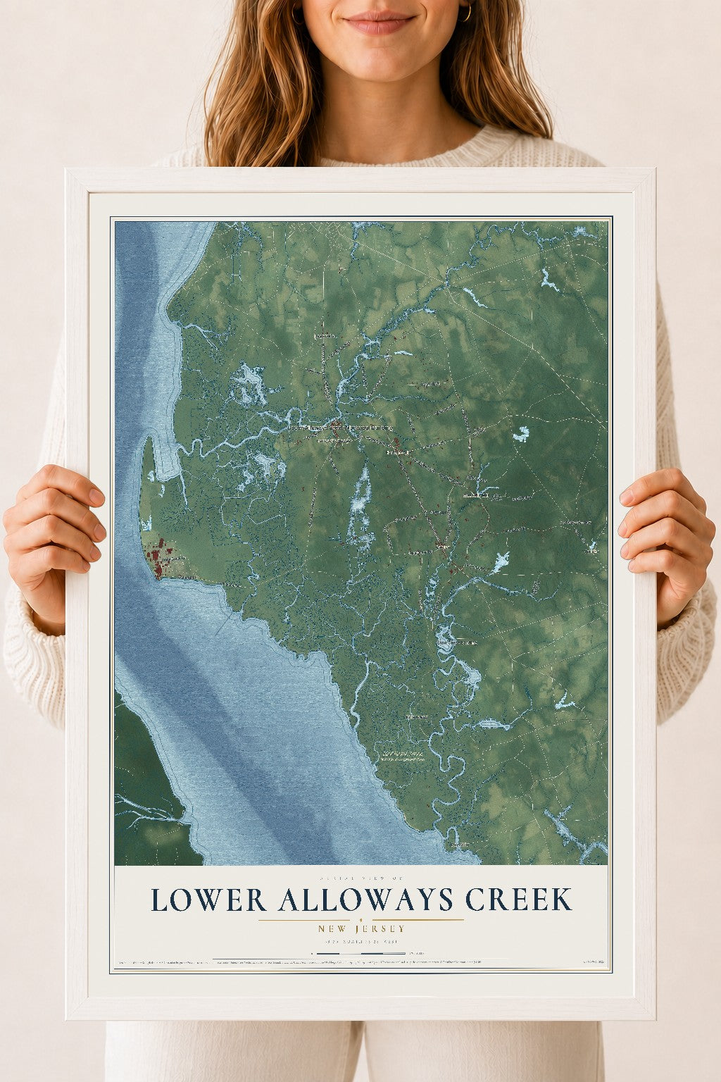 Lower Alloways Creek, New Jersey map print, 18" x 24" W/ White Ayous Wood Frame mockup