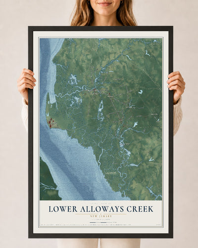 Lower Alloways Creek, New Jersey map print, 24" x 36" W/ Black Ayous Wood Frame mockup