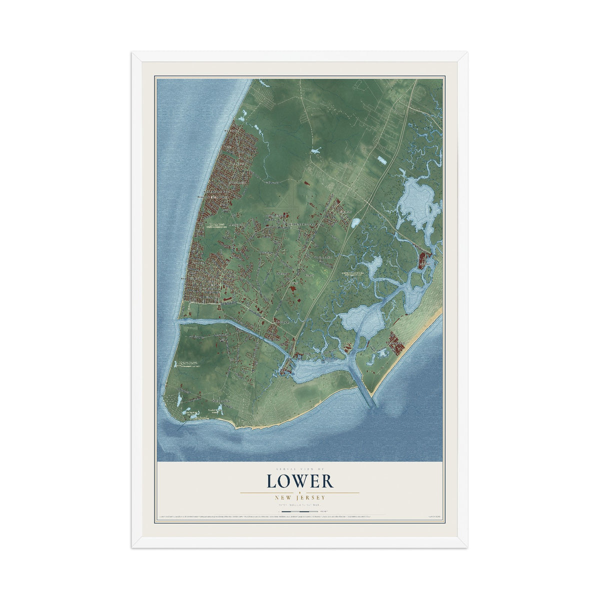 Lower, New Jersey map print, 12" x 18" W/ White Ayous Wood Frame mockup