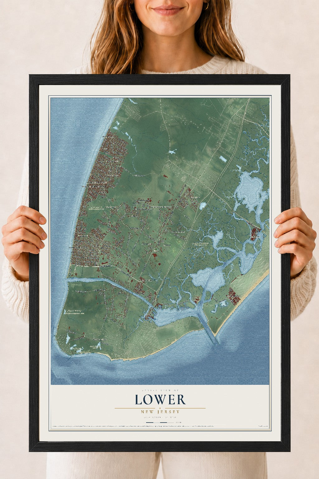 Lower, New Jersey map print, 18" x 24" W/ Black Ayous Wood Frame mockup