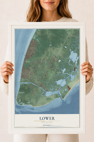 Lower, New Jersey map print, 18" x 24" W/ White Ayous Wood Frame mockup