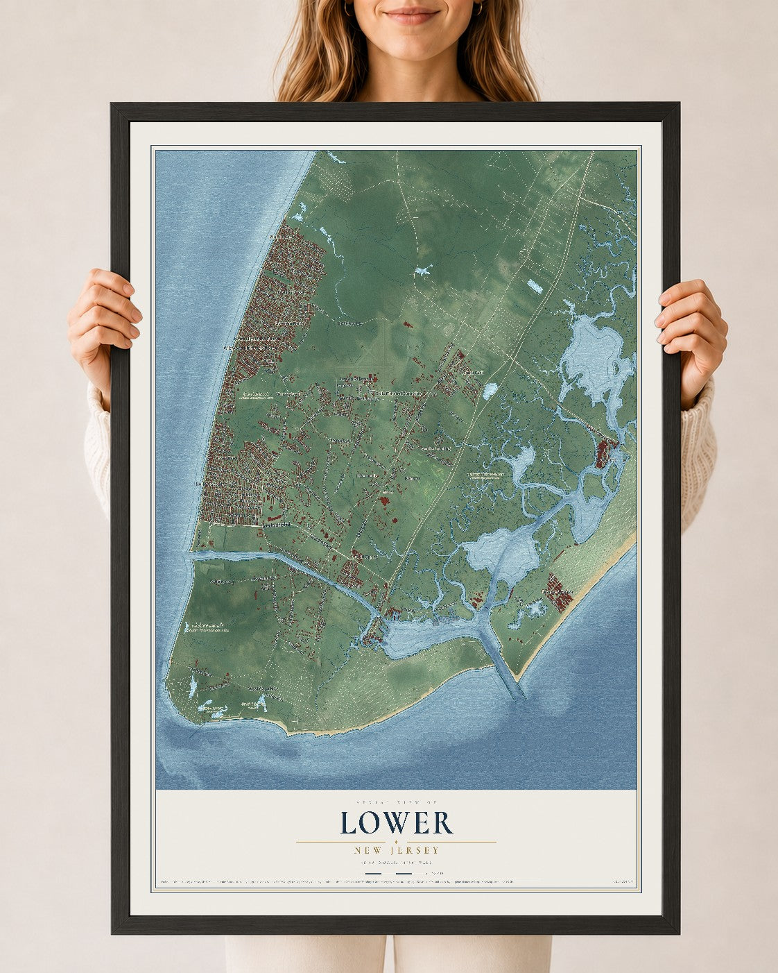 Lower, New Jersey map print, 24" x 36" W/ Black Ayous Wood Frame mockup