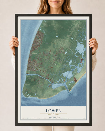Lower, New Jersey map print, 24" x 36" W/ Black Ayous Wood Frame mockup