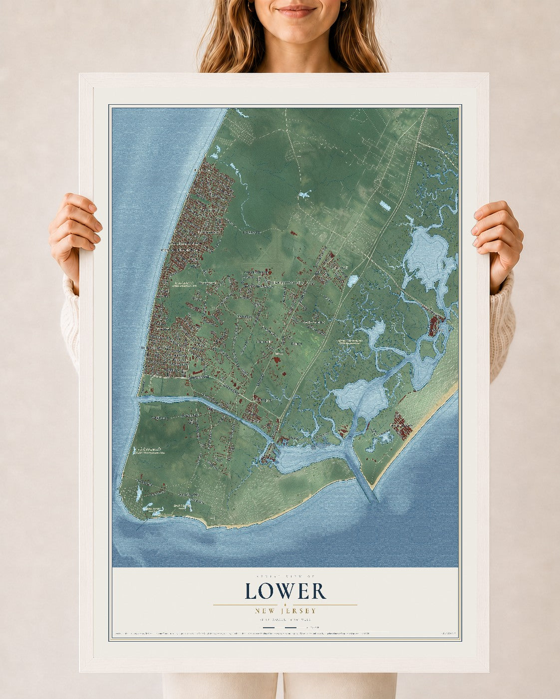 Lower, New Jersey map print, 24" x 36" W/ White Ayous Wood Frame mockup