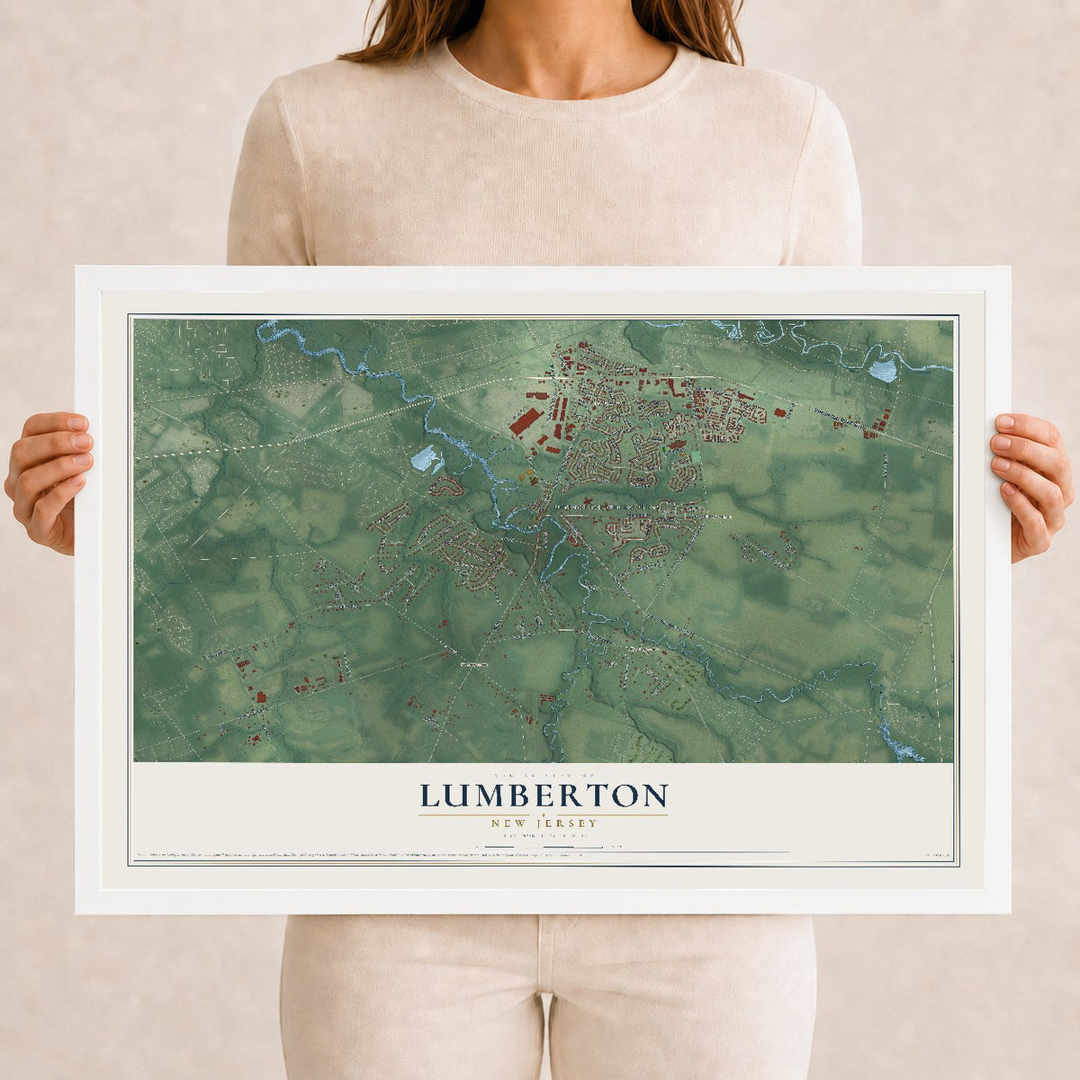 Lumberton, New Jersey map print, 12" x 18" W/ White Ayous Wood Frame mockup