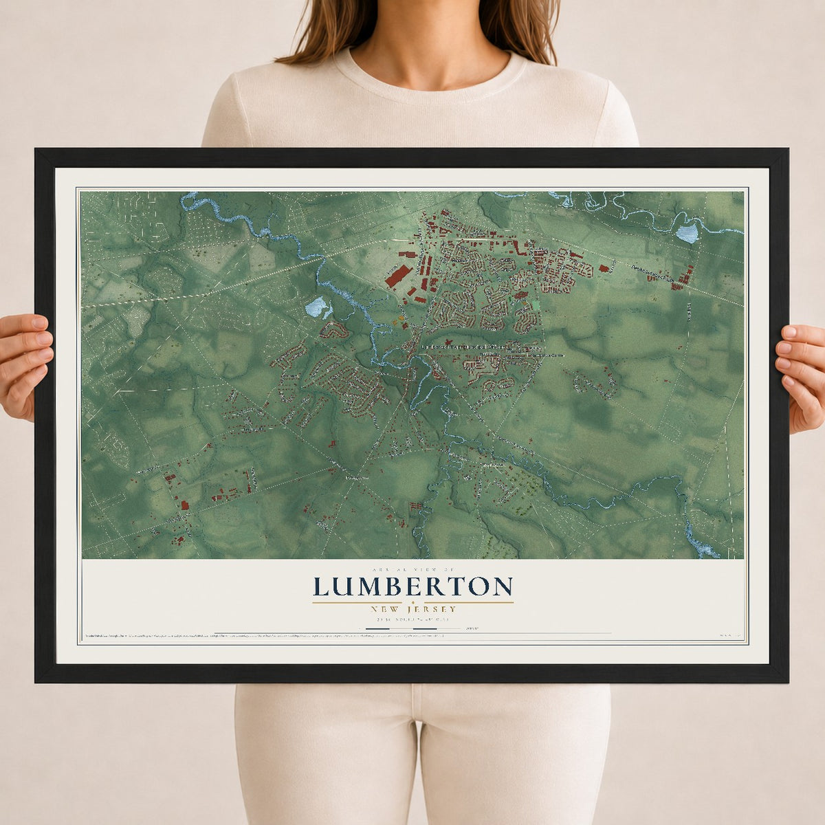Lumberton, New Jersey map print, 18" x 24" W/ Black Ayous Wood Frame mockup