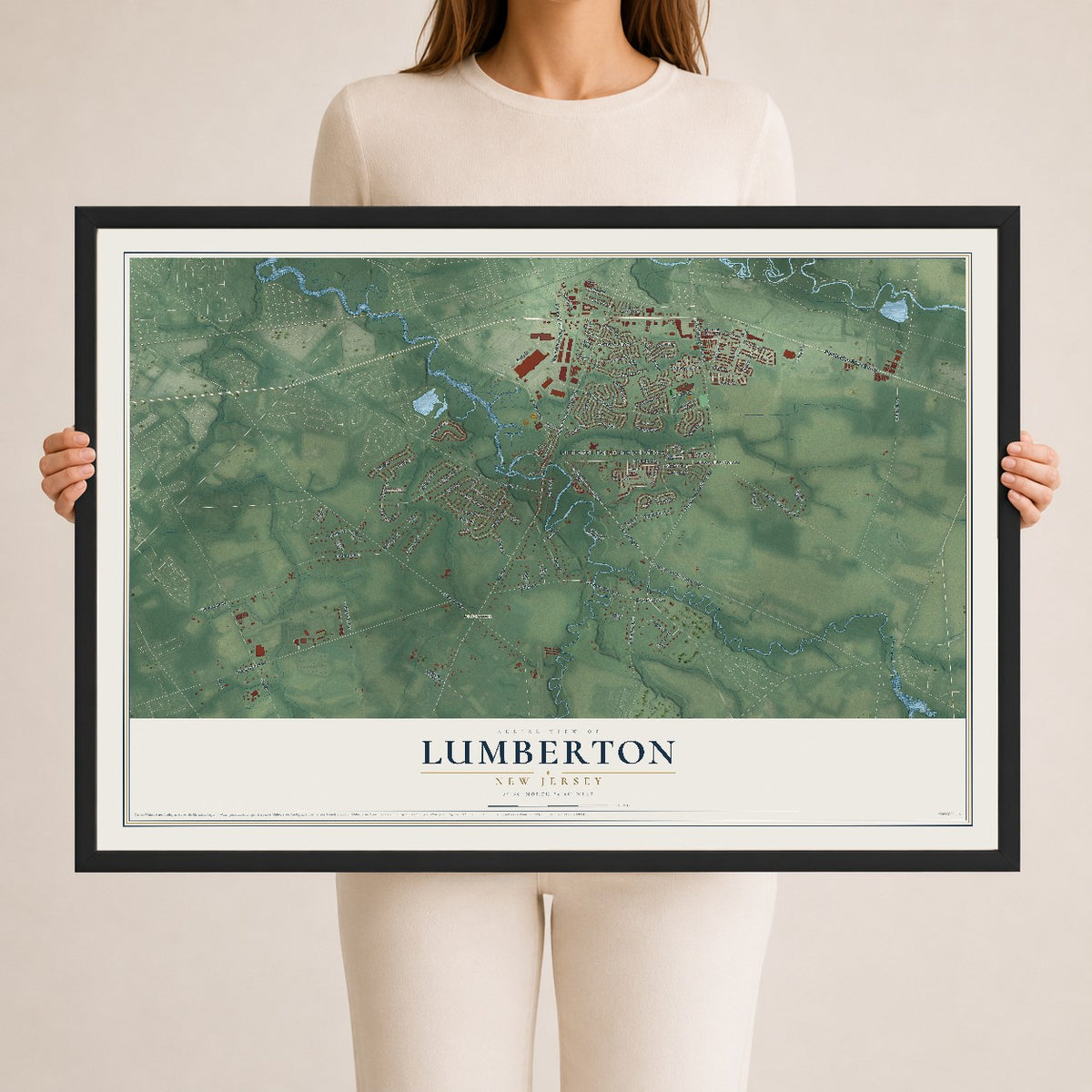 Lumberton, New Jersey map print, 24" x 36" W/ Black Ayous Wood Frame mockup