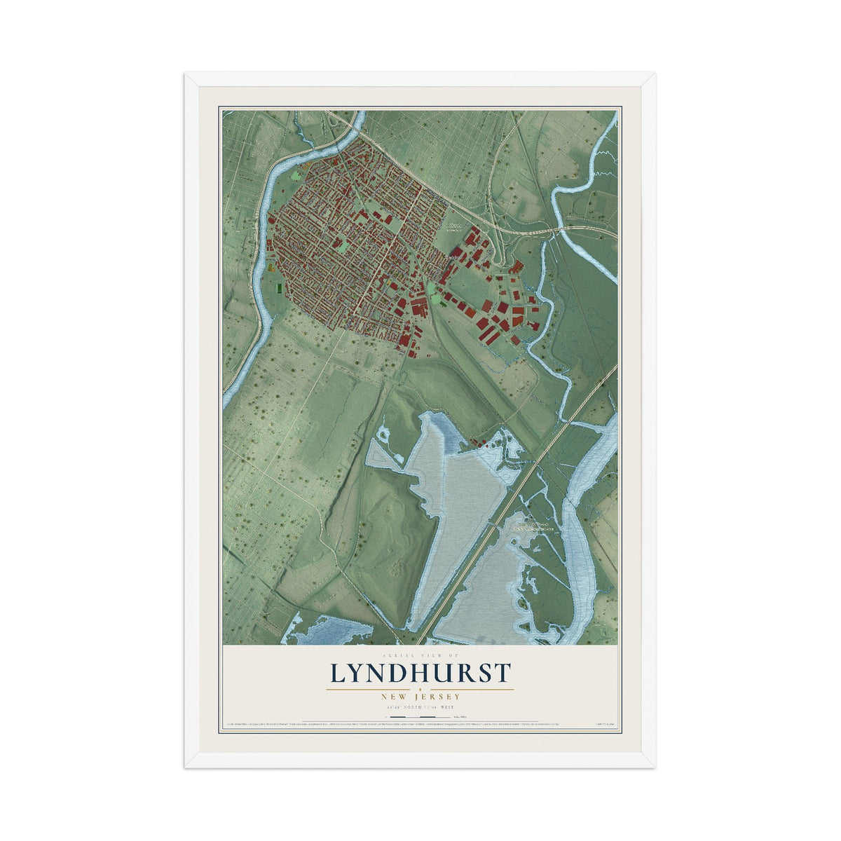 Lyndhurst, New Jersey map print, 12" x 18" W/ White Ayous Wood Frame mockup