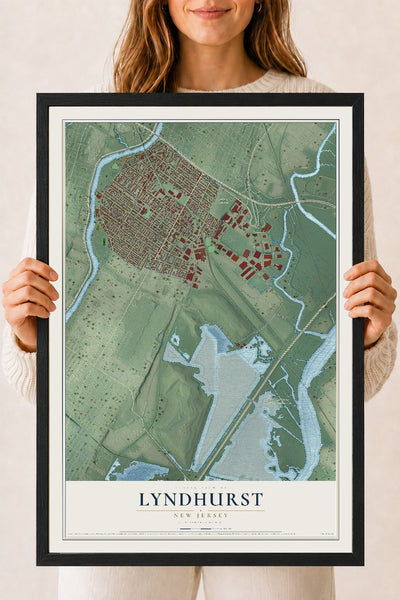 Lyndhurst, New Jersey map print, 18" x 24" W/ Black Ayous Wood Frame mockup