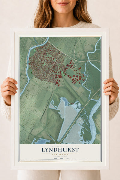 Lyndhurst, New Jersey map print, 18" x 24" W/ White Ayous Wood Frame mockup