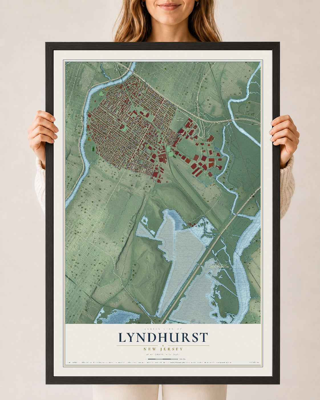 Lyndhurst, New Jersey map print, 24" x 36" W/ Black Ayous Wood Frame mockup