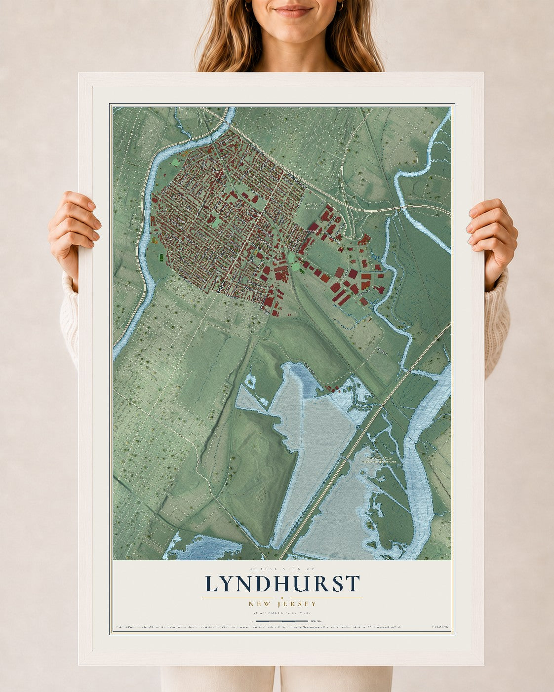Lyndhurst, New Jersey map print, 24" x 36" W/ White Ayous Wood Frame mockup