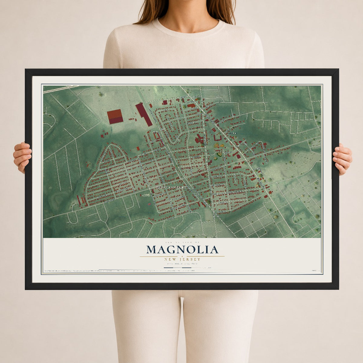 Magnolia, New Jersey map print, 24" x 36" W/ Black Ayous Wood Frame mockup