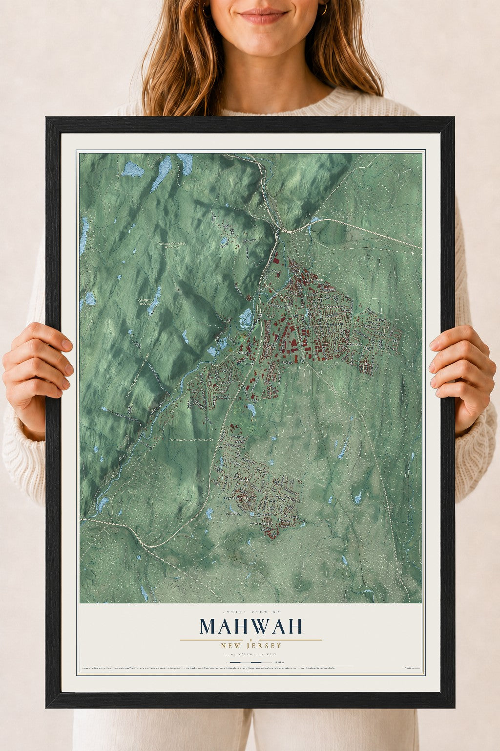 Mahwah, New Jersey map print, 18" x 24" W/ Black Ayous Wood Frame mockup