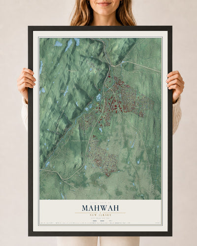 Mahwah, New Jersey map print, 24" x 36" W/ Black Ayous Wood Frame mockup