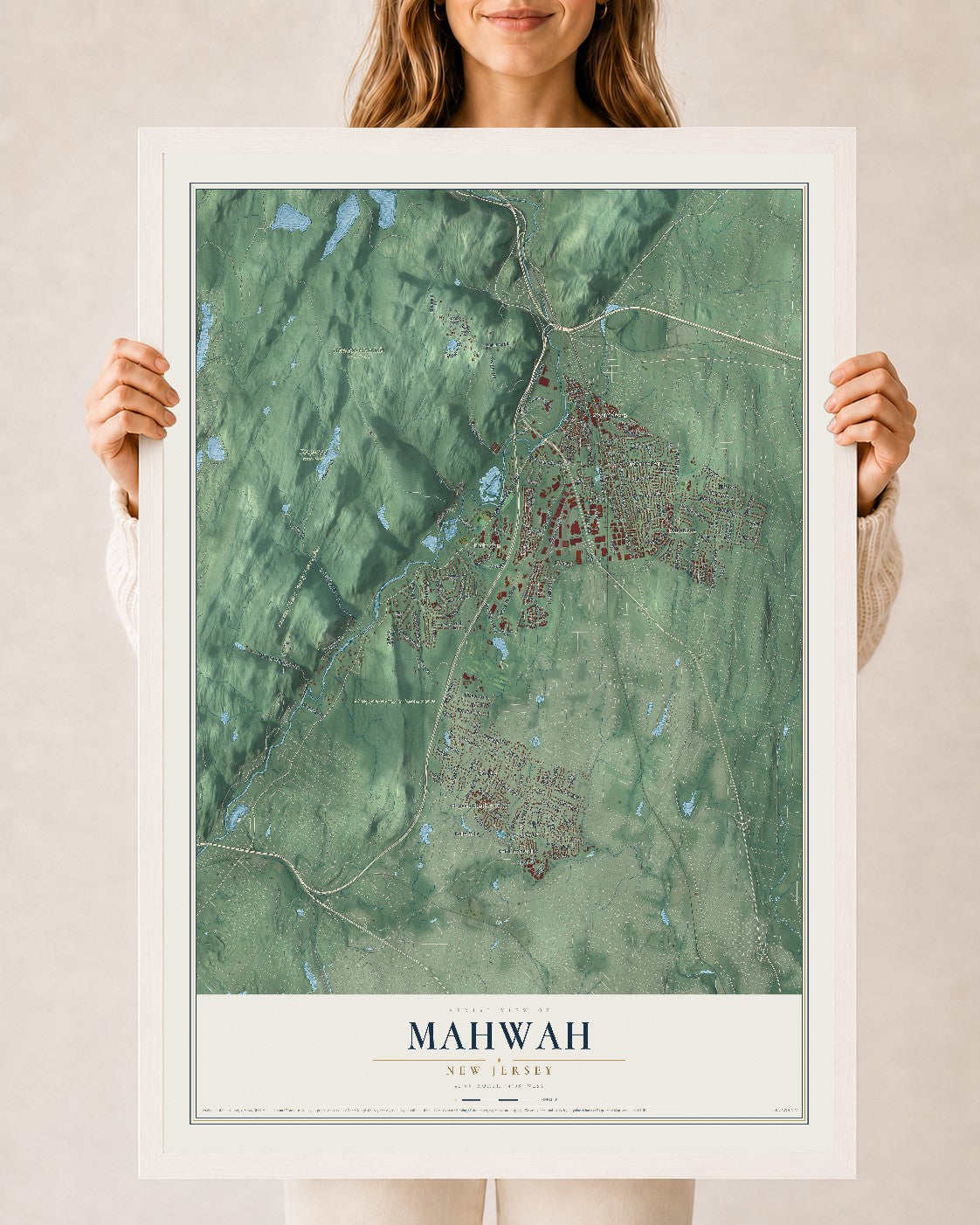 Mahwah, New Jersey map print, 24" x 36" W/ White Ayous Wood Frame mockup