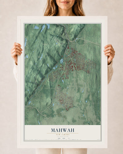 Mahwah, New Jersey map print, 24" x 36" W/ White Ayous Wood Frame mockup