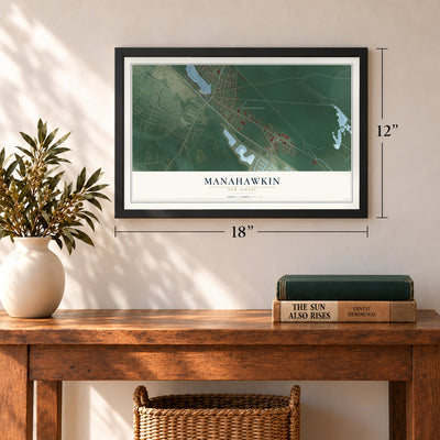 Manahawkin, New Jersey map, 12 x 18 inch print in a black frame in an entryway